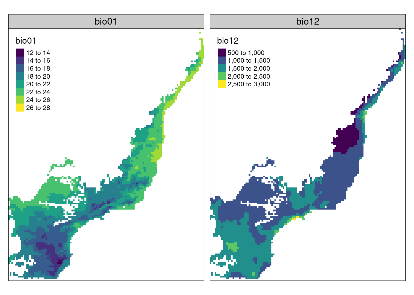 Mapa de dois rasters (BIO01 e BIO12) ajustados ao limite da Mata Atlântica.