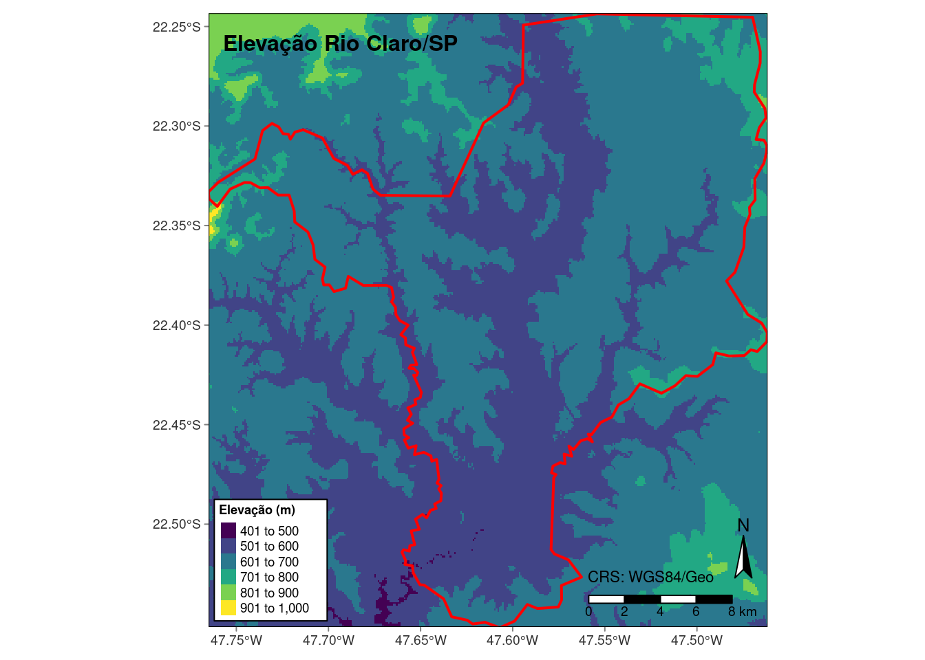 Mapa raster de elevação com o pacote `tmap`.