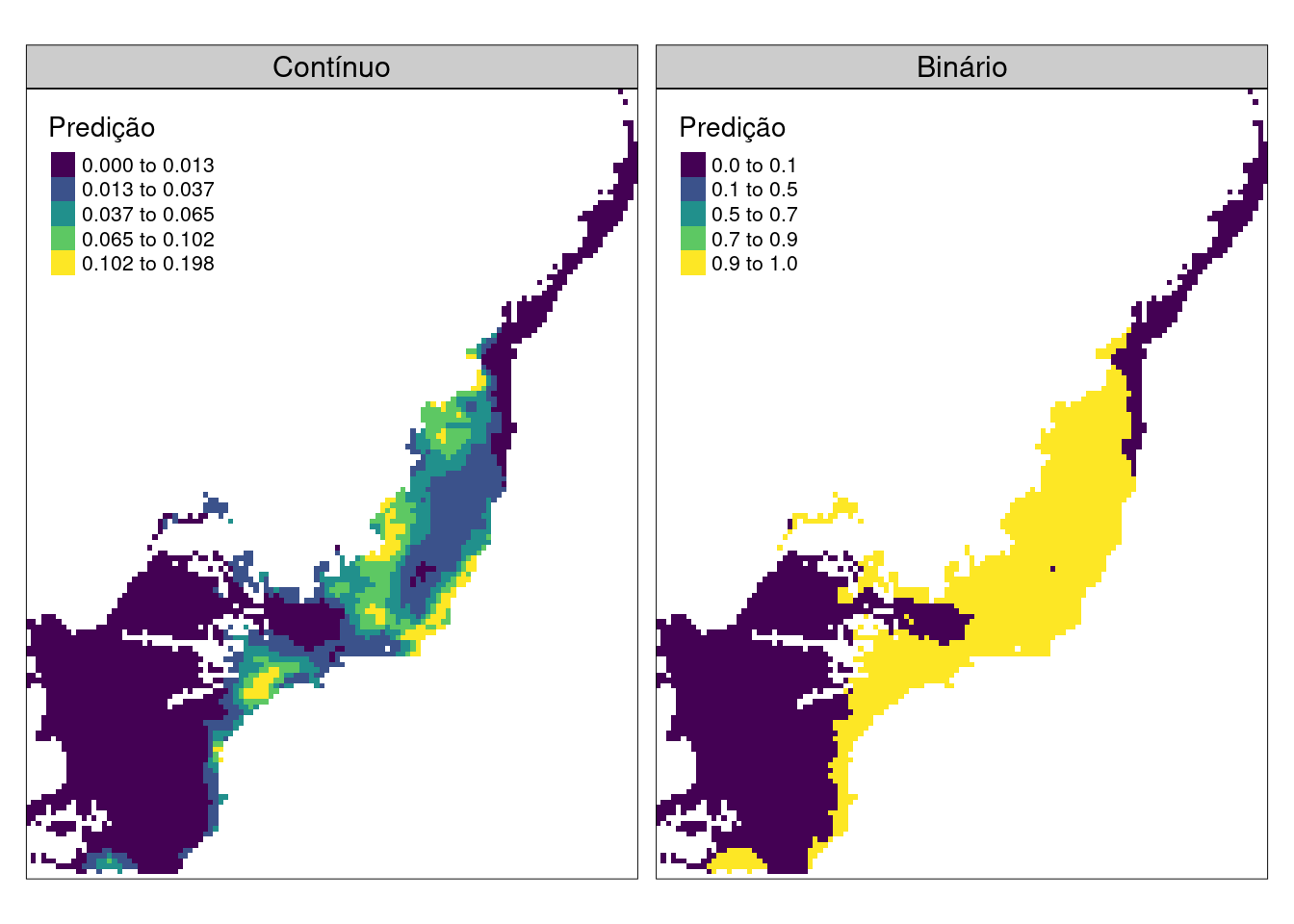 Predição contínua e binária do modelo ajustado para a presença/ausência da espécie *Haddadus binotatus* na Mata Atlântica.
