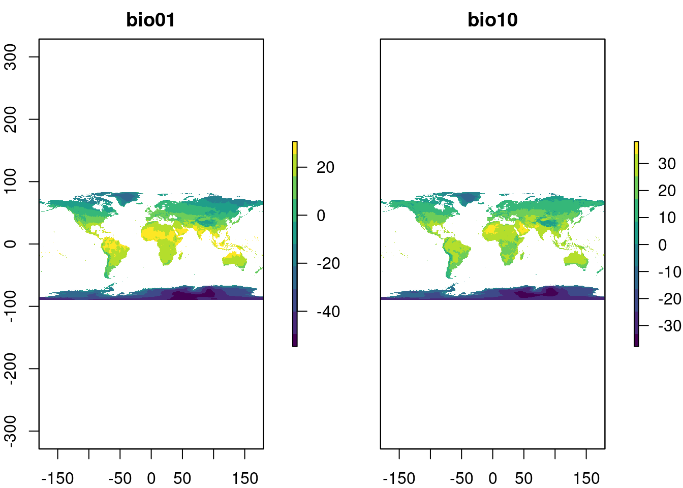 Mapa feito com a função `plot()` de um objeto raster com várias camadas.